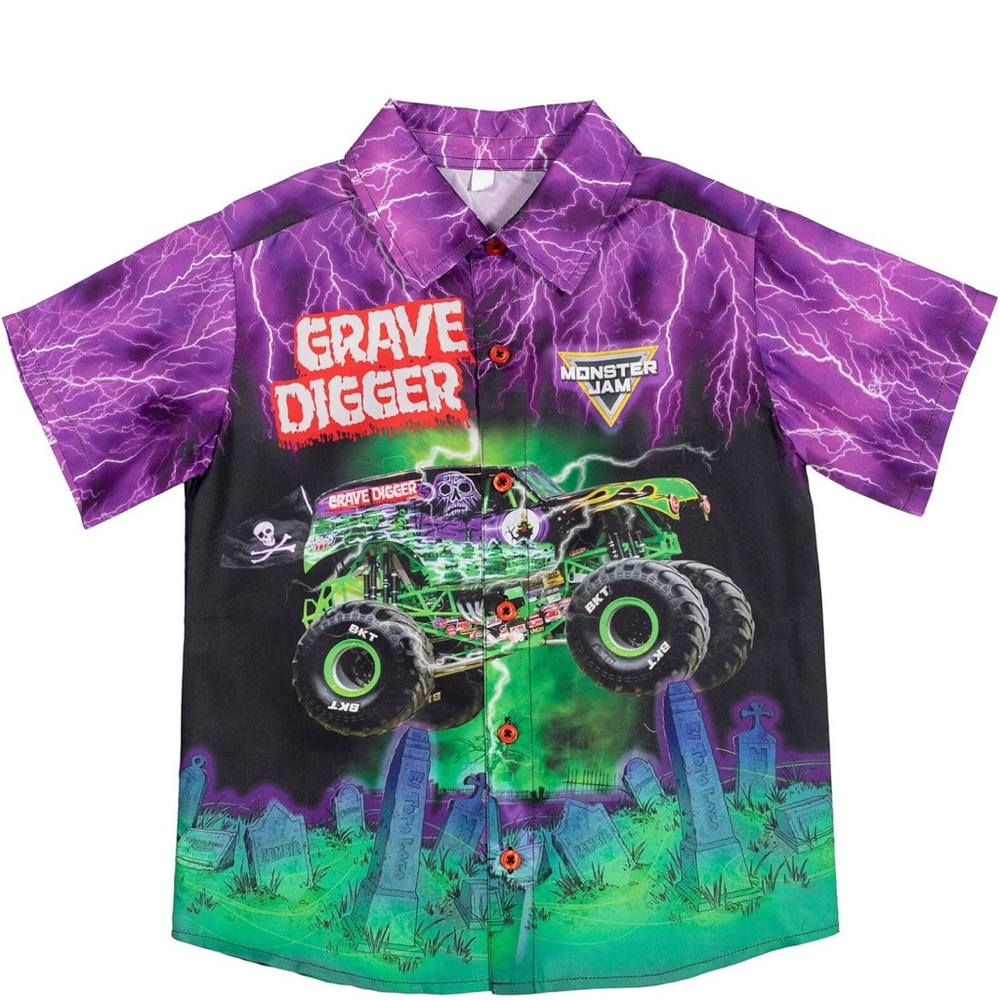 Vibrant Purple and Green Button Down Shirt with Monster Truck Design